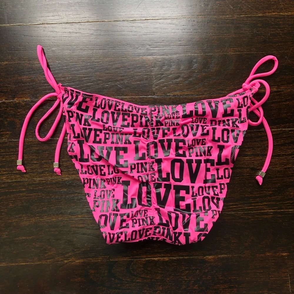 PINK Victoria’s Secret Love Pink Print Ruched Rhinestone Bikini Bottom - Picture 12 of 16